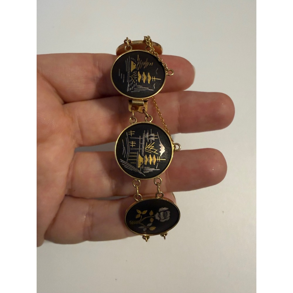 Vintage Amita Damascene Bracelet 24K Gold Sterling Silver Inlay Japan Pagoda 7in